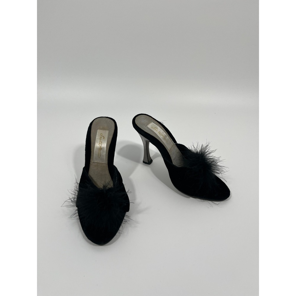 Vintage Womens Heels 5.5 Black Fuzzy Peep Toe Chic Wedding Guest Event Formal